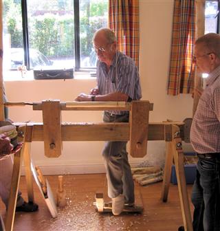 Howard tries out the pole lathe